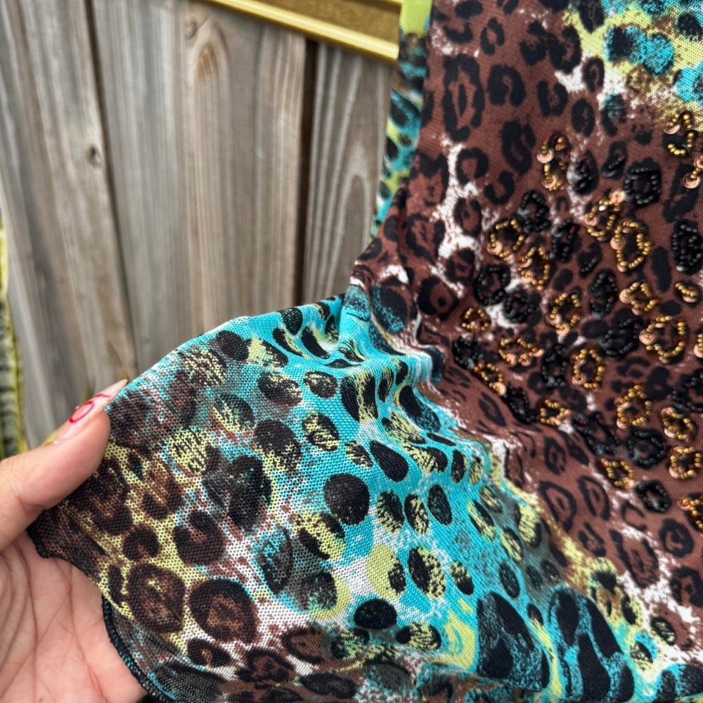 Sheer Mesh Leopard Print Blouse Sequins Blue Brow… - image 4